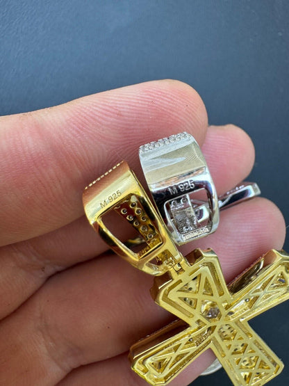 Hip Hop Moissanite Cross W. 1ct Center Stone Pendant - Iced 925 Silver /Gold Necklace