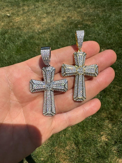 Hip Hop Moissanite Cross W. 1ct Center Stone Pendant - Iced 925 Silver /Gold Necklace
