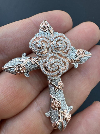 Hip Hop MOISSANITE Cross W. Rose Thorns Pendant Iced Necklace Real 925 Silver / 14k Gold