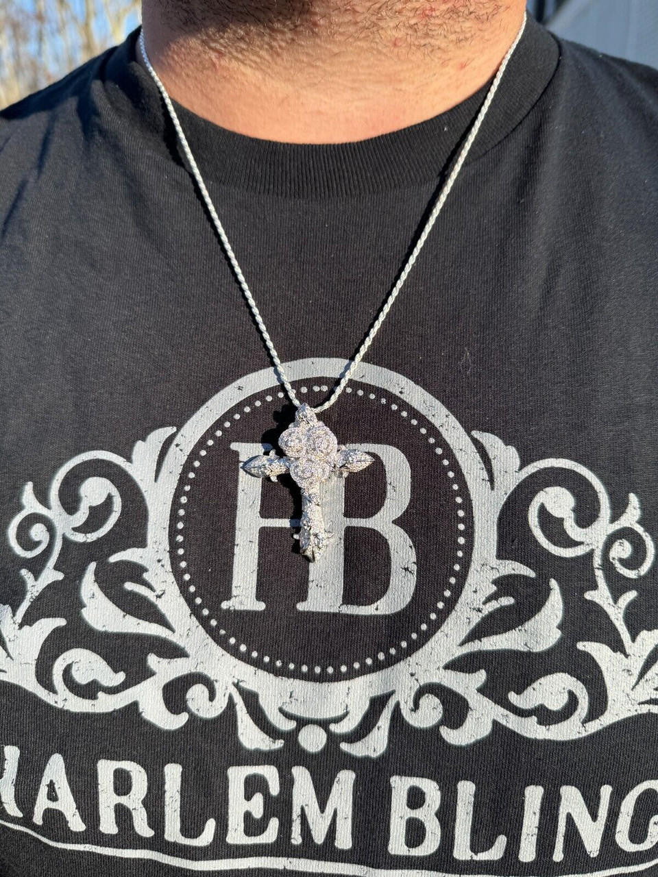 Hip Hop MOISSANITE Cross W. Rose Thorns Pendant Iced Necklace Real 925 Silver / 14k Gold