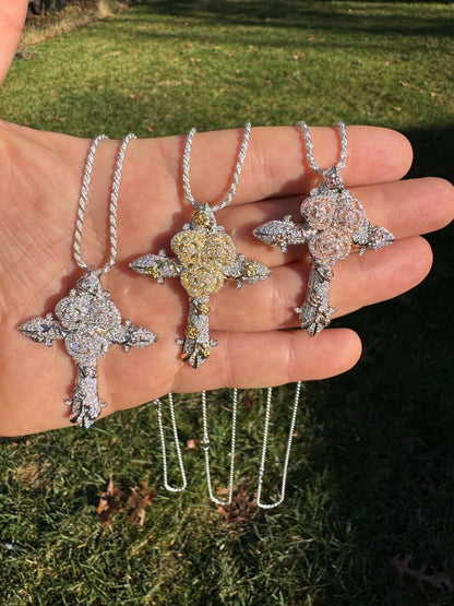 Hip Hop MOISSANITE Cross W. Rose Thorns Pendant Iced Necklace Real 925 Silver / 14k Gold