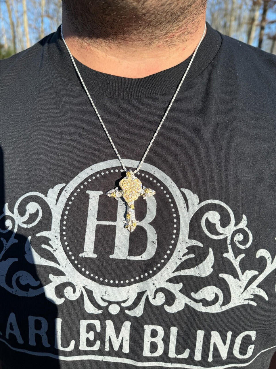 Hip Hop MOISSANITE Cross W. Rose Thorns Pendant Iced Necklace Real 925 Silver / 14k Gold