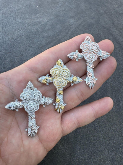 Hip Hop MOISSANITE Cross W. Rose Thorns Pendant Iced Necklace Real 925 Silver / 14k Gold