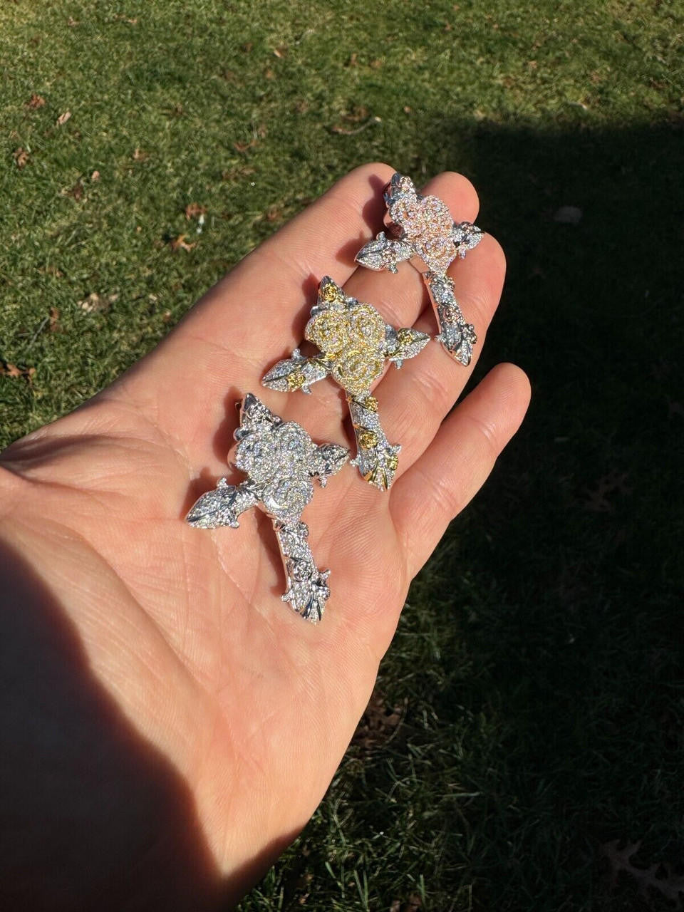 Hip Hop MOISSANITE Cross W. Rose Thorns Pendant Iced Necklace Real 925 Silver / 14k Gold