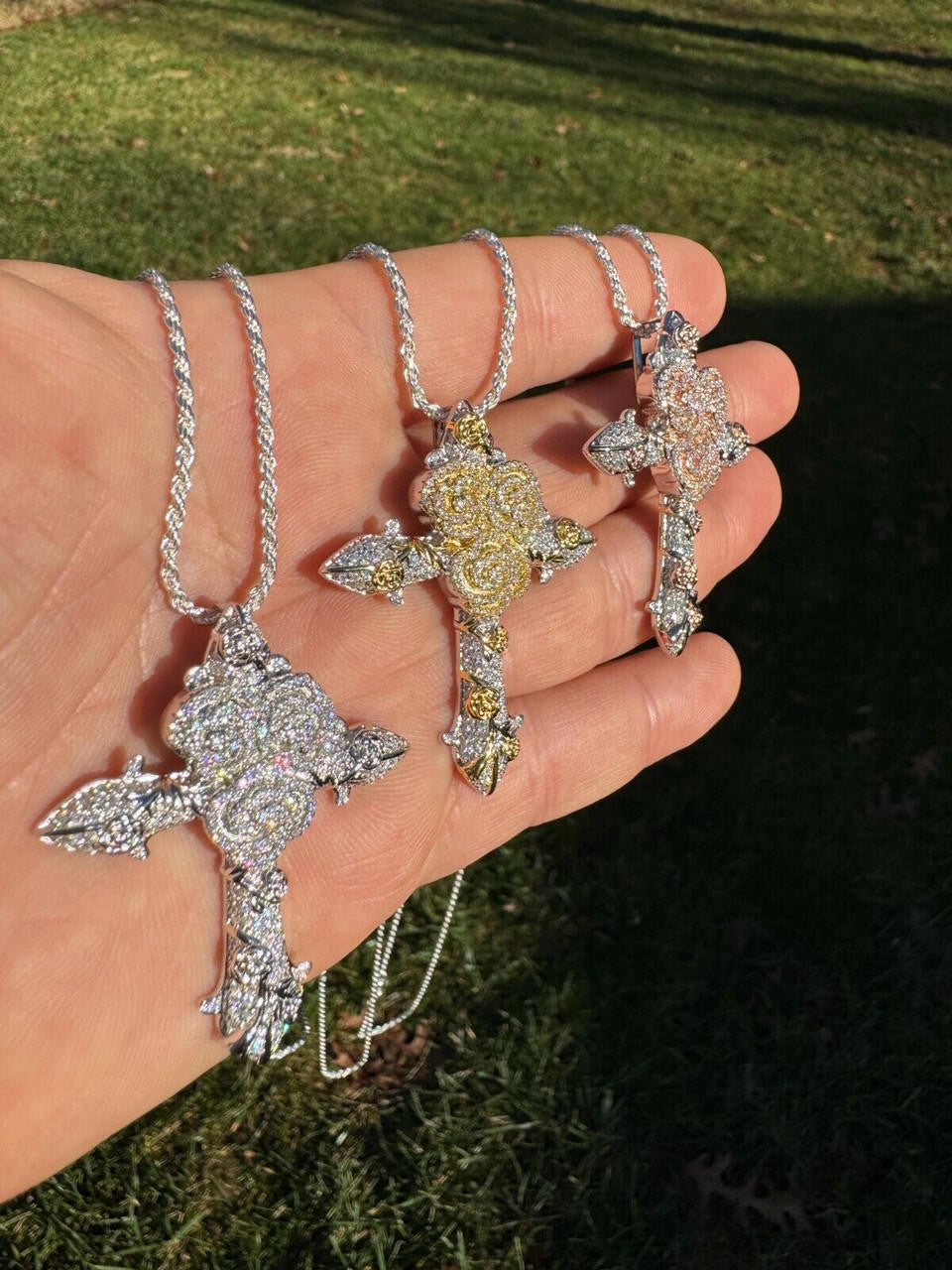 Hip Hop MOISSANITE Cross W. Rose Thorns Pendant Iced Necklace Real 925 Silver / 14k Gold