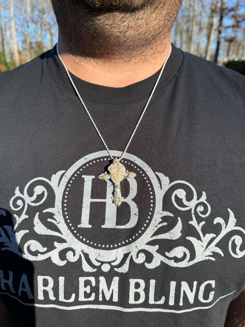 Hip Hop MOISSANITE Cross W. Rose Thorns Pendant Iced Necklace Real 925 Silver / 14k Gold