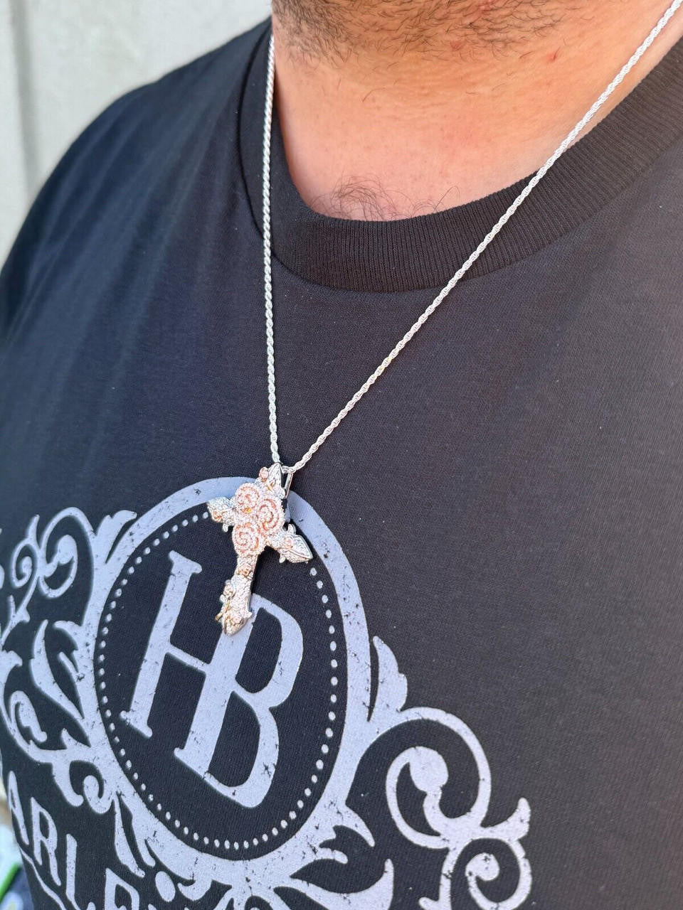 Hip Hop MOISSANITE Cross W. Rose Thorns Pendant Iced Necklace Real 925 Silver / 14k Gold