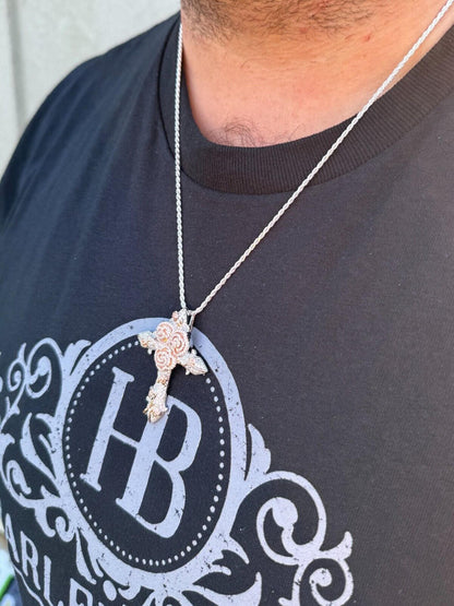 Hip Hop MOISSANITE Cross W. Rose Thorns Pendant Iced Necklace Real 925 Silver / 14k Gold