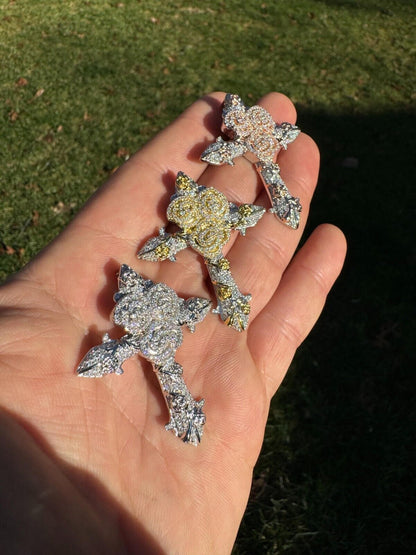 Hip Hop MOISSANITE Cross W. Rose Thorns Pendant Iced Necklace Real 925 Silver / 14k Gold