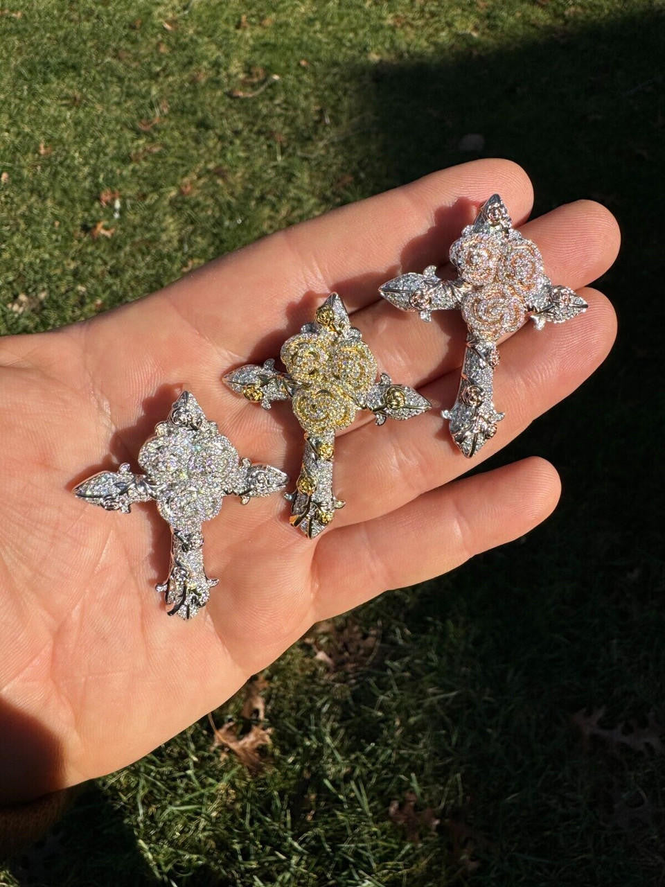 Hip Hop MOISSANITE Cross W. Rose Thorns Pendant Iced Necklace Real 925 Silver / 14k Gold