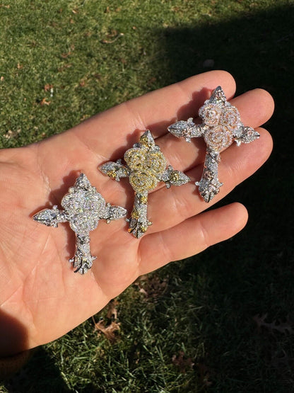 Hip Hop MOISSANITE Cross W. Rose Thorns Pendant Iced Necklace Real 925 Silver / 14k Gold