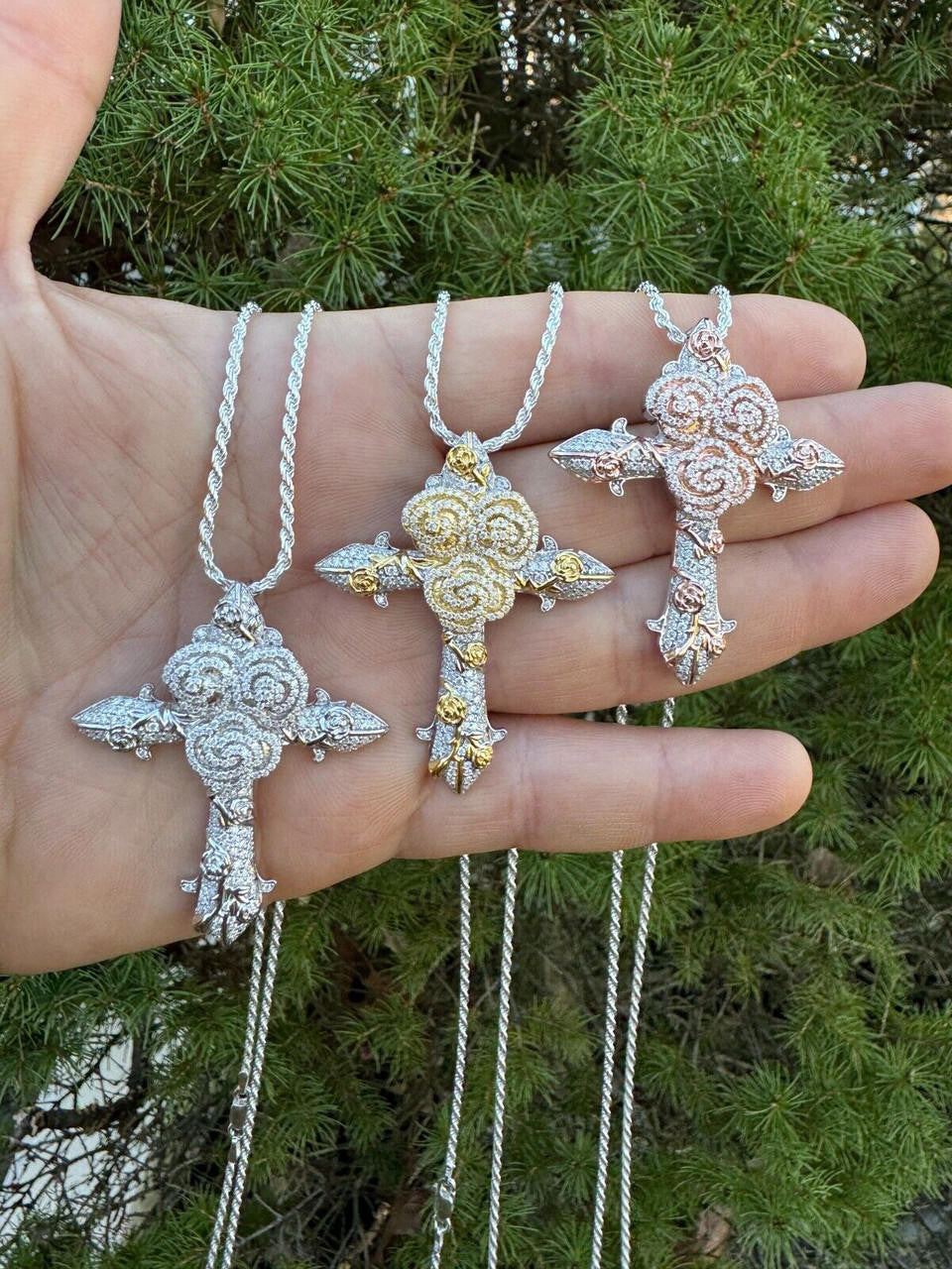 Hip Hop MOISSANITE Cross W. Rose Thorns Pendant Iced Necklace Real 925 Silver / 14k Gold