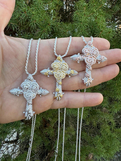 Hip Hop MOISSANITE Cross W. Rose Thorns Pendant Iced Necklace Real 925 Silver / 14k Gold