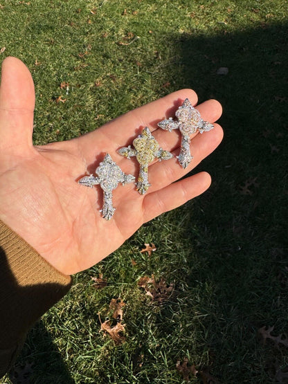 Hip Hop MOISSANITE Cross W. Rose Thorns Pendant Iced Necklace Real 925 Silver / 14k Gold