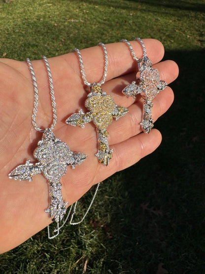 Hip Hop MOISSANITE Cross W. Rose Thorns Pendant Iced Necklace Real 925 Silver / 14k Gold