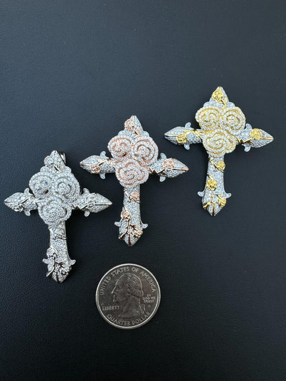 Hip Hop MOISSANITE Cross W. Rose Thorns Pendant Iced Necklace Real 925 Silver / 14k Gold