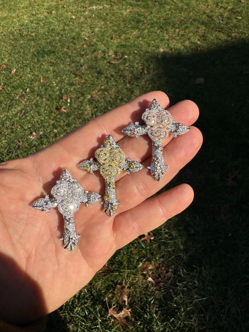 Hip Hop MOISSANITE Cross W. Rose Thorns Pendant Iced Necklace Real 925 Silver / 14k Gold