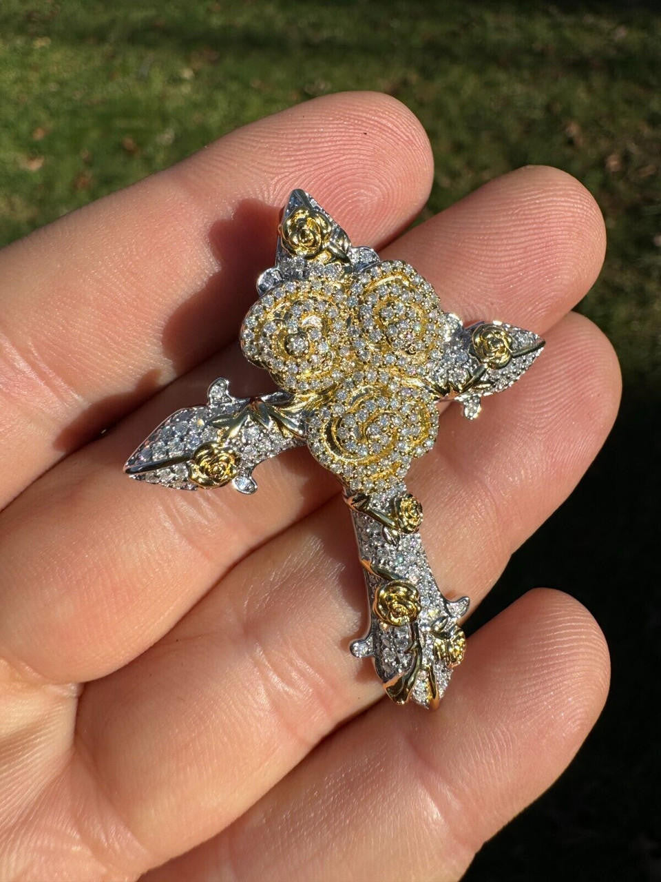 Hip Hop MOISSANITE Cross W. Rose Thorns Pendant Iced Necklace Real 925 Silver / 14k Gold