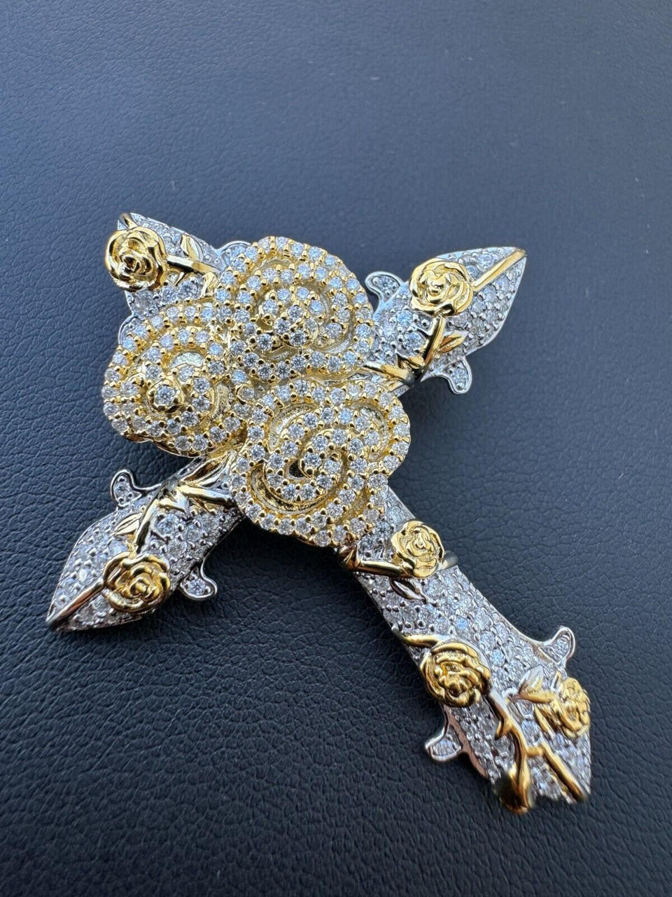 Hip Hop MOISSANITE Cross W. Rose Thorns Pendant Iced Necklace Real 925 Silver / 14k Gold