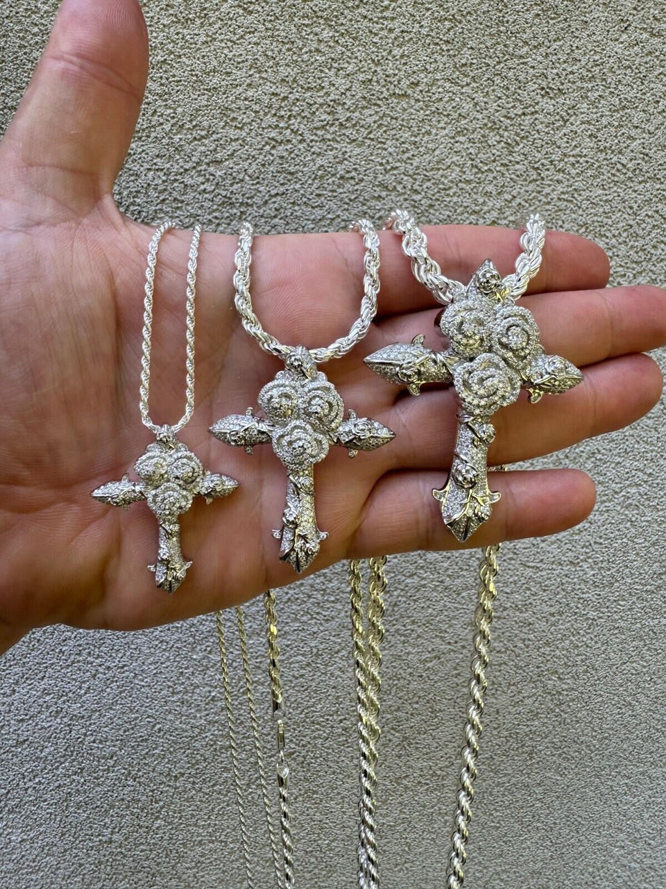 MOISSANITE Cross W. Rose Thorns Pendant Iced Necklace Real 925