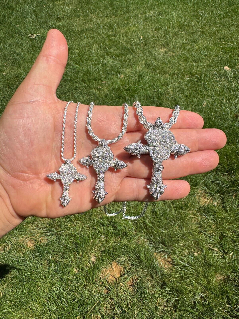 MOISSANITE Cross W. Rose Thorns Pendant Iced Necklace Real 925