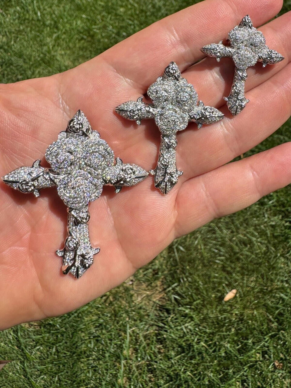 MOISSANITE Cross W. Rose Thorns Pendant Iced Necklace Real 925