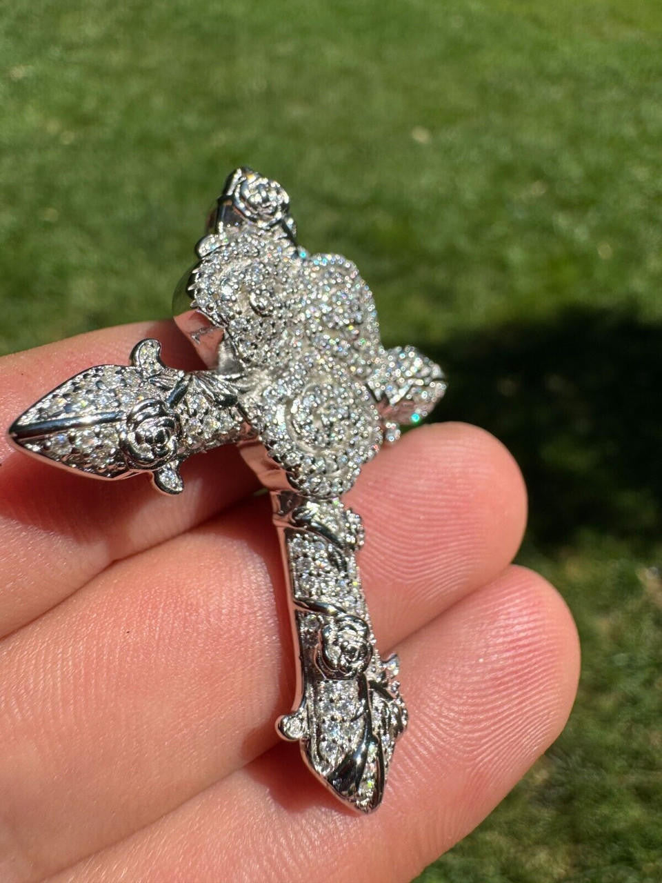 MOISSANITE Cross W. Rose Thorns Pendant Iced Necklace Real 925