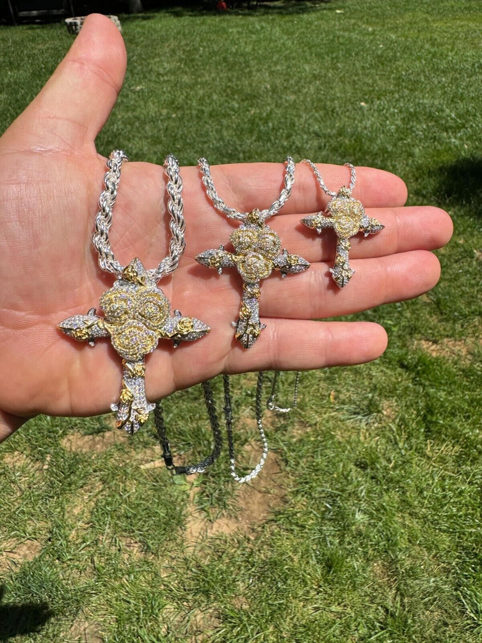 MOISSANITE Cross W. Rose Thorns Pendant Iced Necklace Real 925