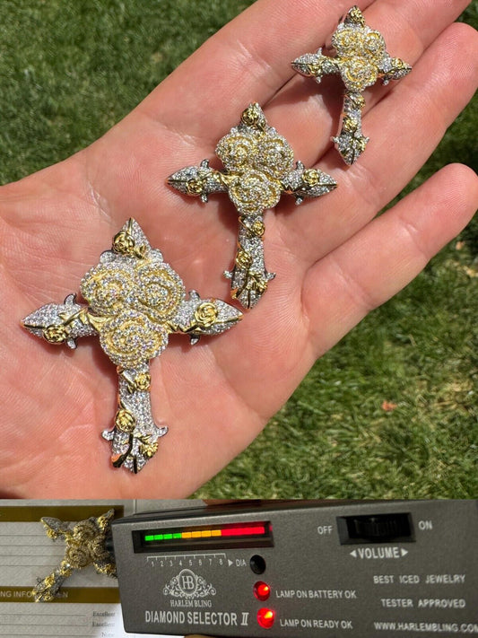 Hip Hop MOISSANITE Cross W. Rose Thorns Pendant Iced Necklace Real 925 Silver & 14k Gold