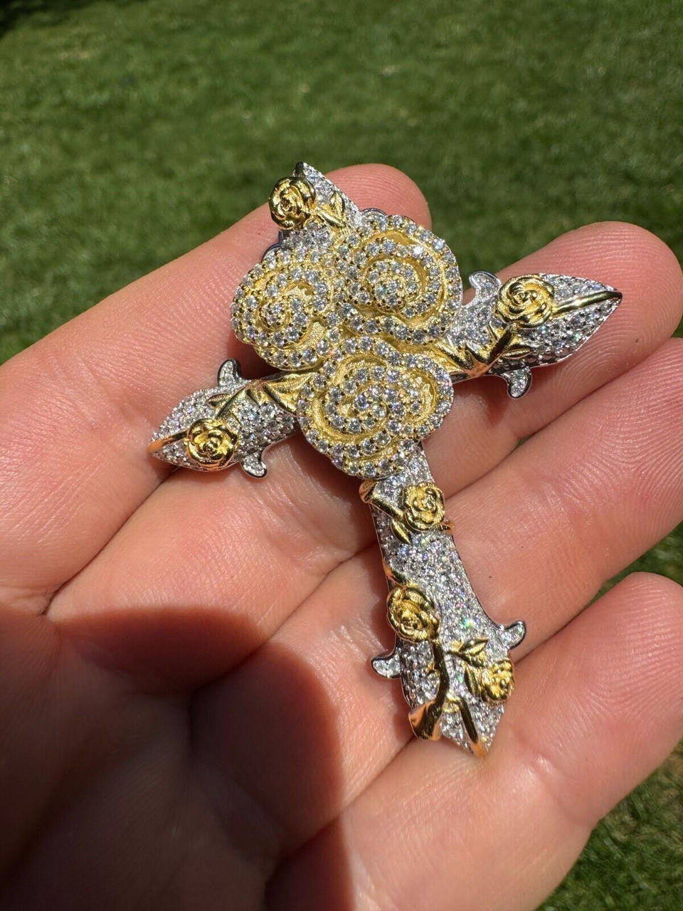 MOISSANITE Cross W. Rose Thorns Pendant Iced Necklace Real 925