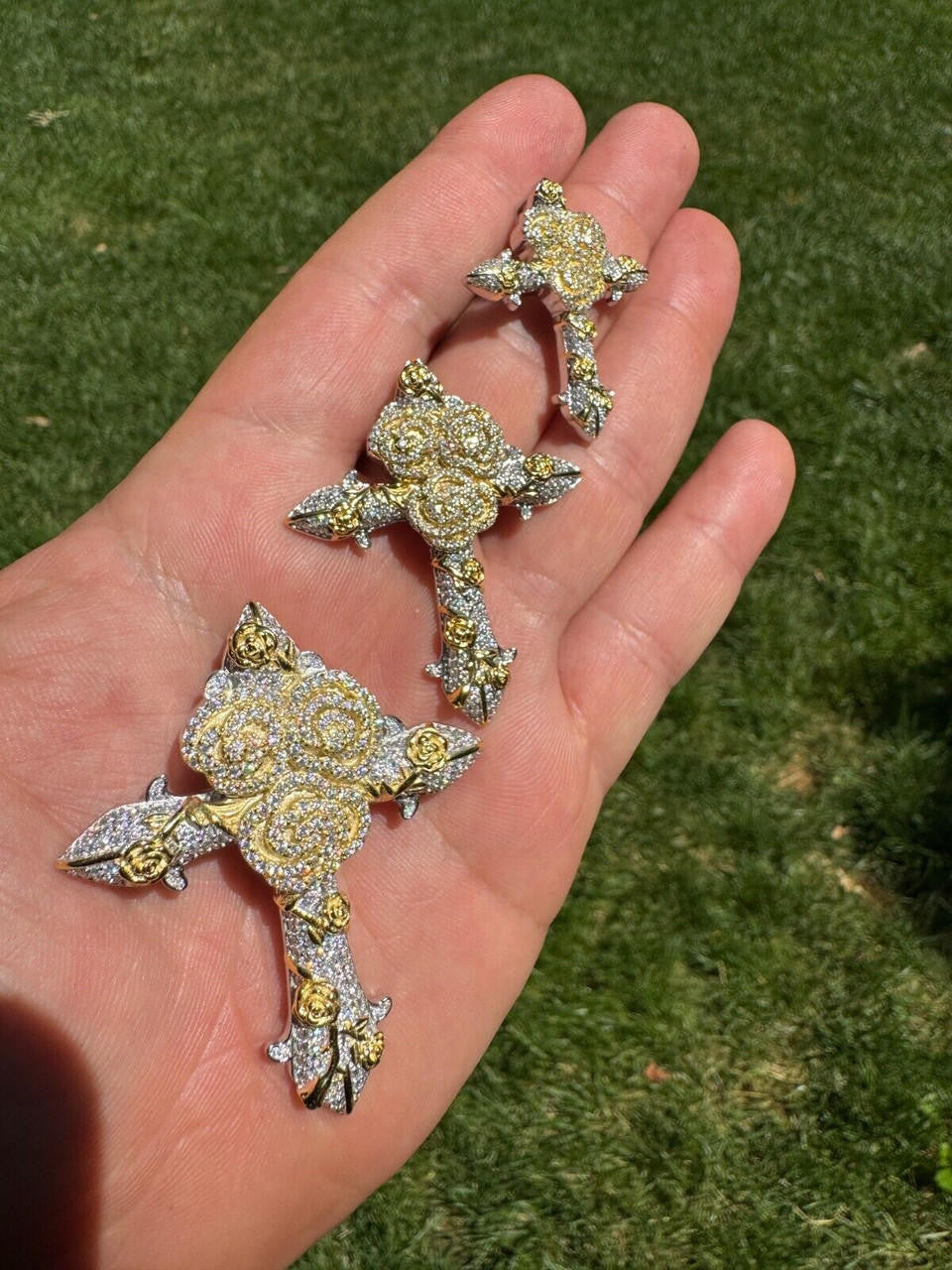 MOISSANITE Cross W. Rose Thorns Pendant Iced Necklace Real 925