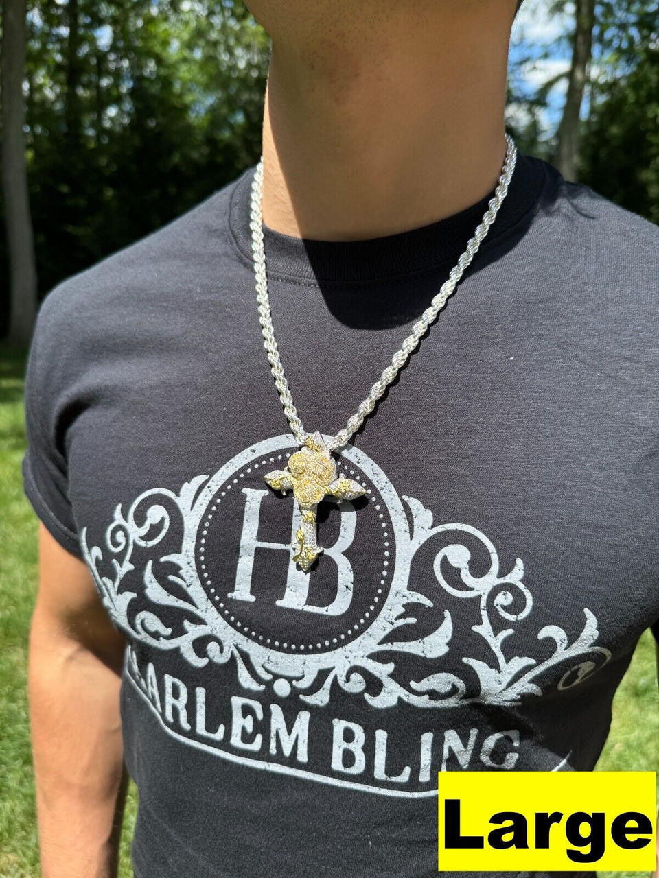 MOISSANITE Cross W. Rose Thorns Pendant Iced Necklace Real 925