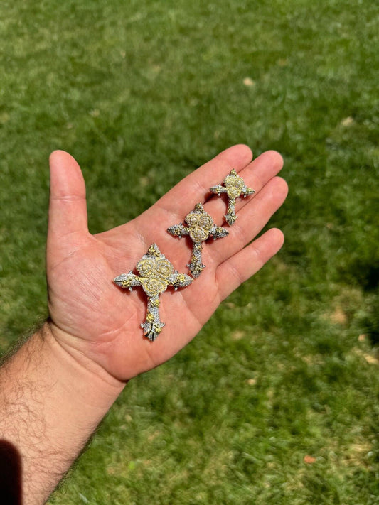 Hip Hop MOISSANITE Cross W. Rose Thorns Pendant Iced Necklace Real 925 Silver & 14k Gold