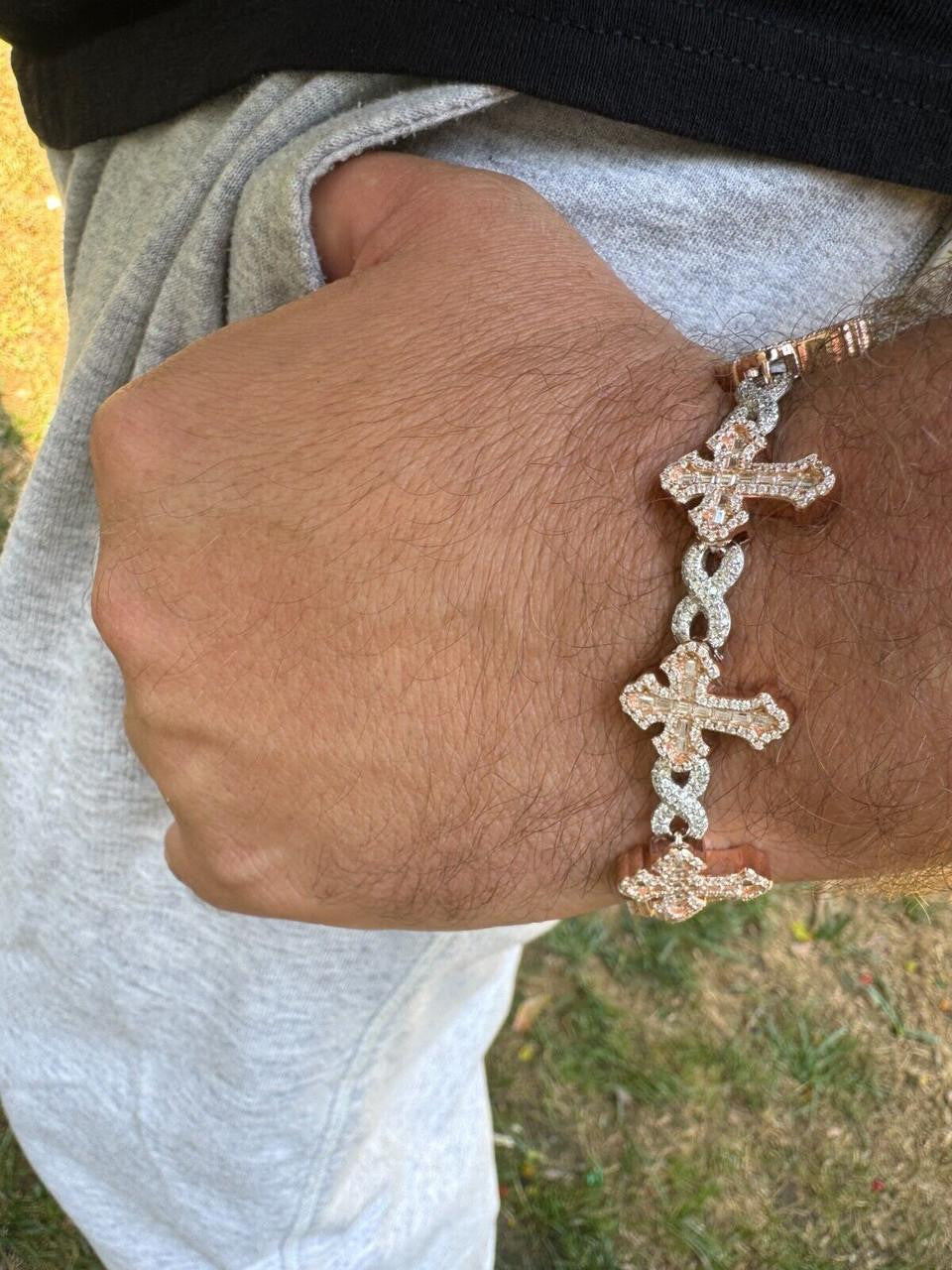 MOISSANITE Gothic Cross Infinity Link Bracelet Iced 925 Silver