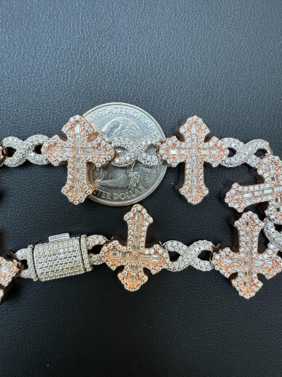 MOISSANITE Gothic Cross Infinity Link Bracelet Iced 925 Silver