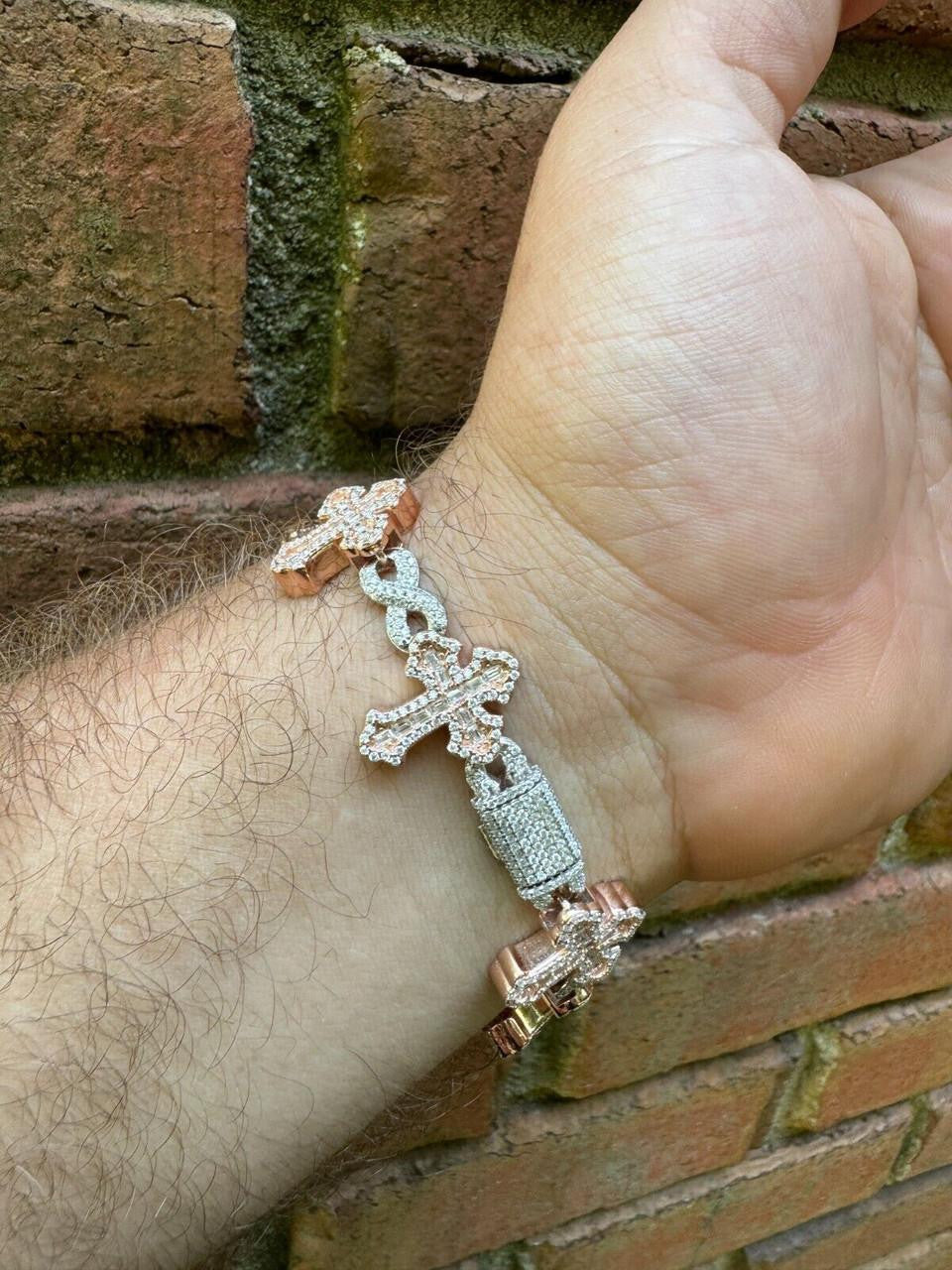 MOISSANITE Gothic Cross Infinity Link Bracelet Iced 925 Silver
