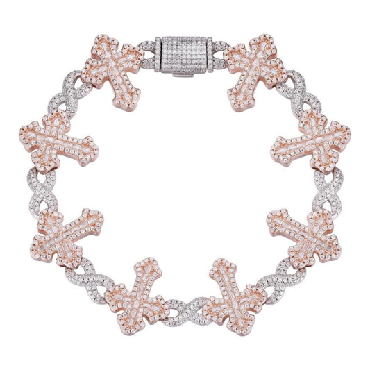 Hip Hop MOISSANITE Eternity Gothic Cross Link Bracelet Iced Out - 14k Rose Gold Vermeil & 925 Silver - 20mm - 7.25"-8.25"