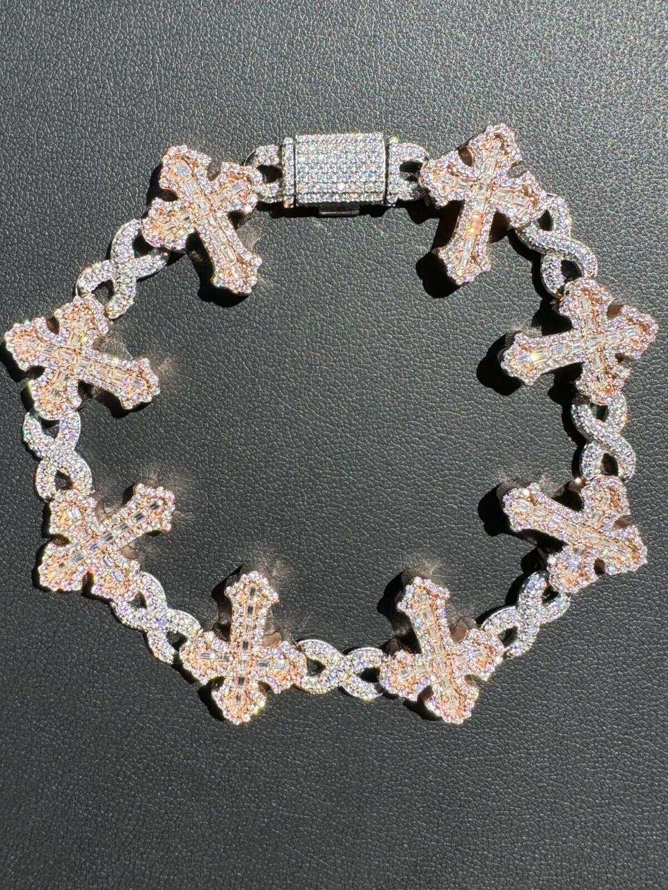 MOISSANITE Gothic Cross Infinity Link Bracelet Iced 925 Silver