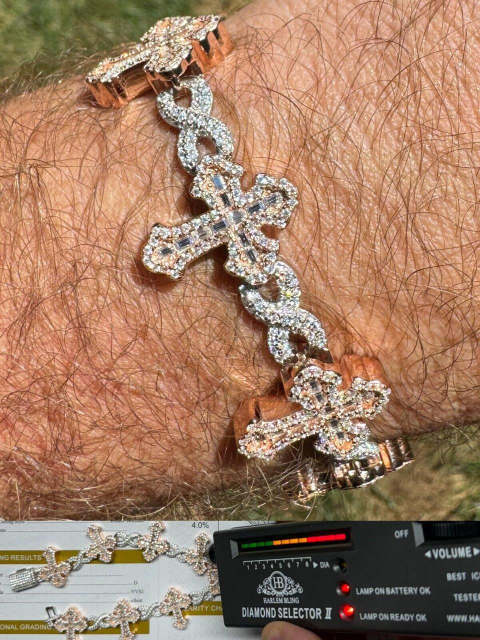 MOISSANITE Gothic Cross Infinity Link Bracelet Iced 925 Silver
