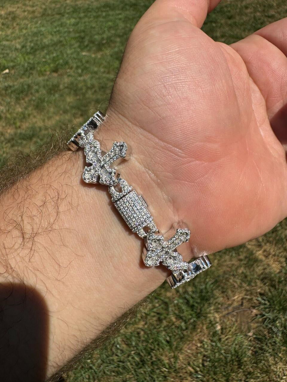 Hip Hop MOISSANITE Eternity Gothic Cross Link Bracelet Iced Out - 925 Silver - 20mm - 7.25"-8.25"