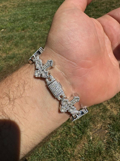 Hip Hop MOISSANITE Eternity Gothic Cross Link Bracelet Iced Out - 925 Silver - 20mm - 7.25"-8.25"