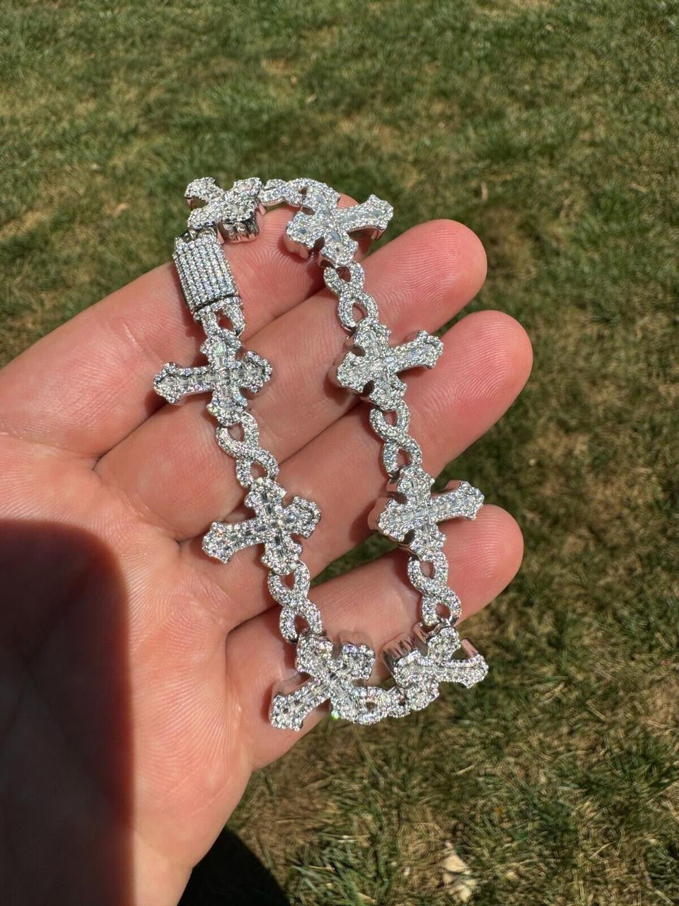 Hip Hop MOISSANITE Eternity Gothic Cross Link Bracelet Iced Out - 925 Silver - 20mm - 7.25"-8.25"
