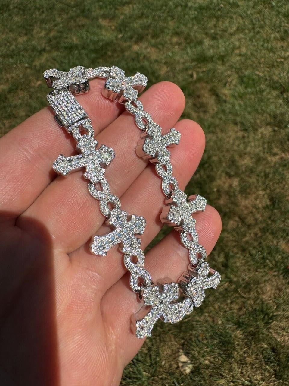 Hip Hop MOISSANITE Eternity Gothic Cross Link Bracelet Iced Out - 925 Silver - 20mm - 7.25"-8.25"