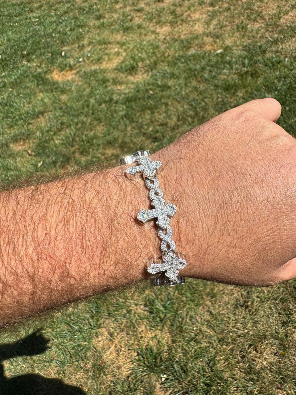 Hip Hop MOISSANITE Eternity Gothic Cross Link Bracelet Iced Out - 925 Silver - 20mm - 7.25"-8.25"