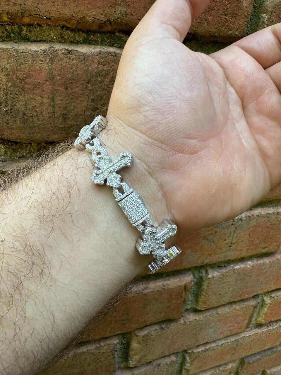Hip Hop MOISSANITE Eternity Gothic Cross Link Bracelet Iced Out - 925 Silver - 20mm - 7.25"-8.25"