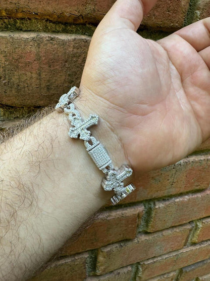 Hip Hop MOISSANITE Eternity Gothic Cross Link Bracelet Iced Out - 925 Silver - 20mm - 7.25"-8.25"