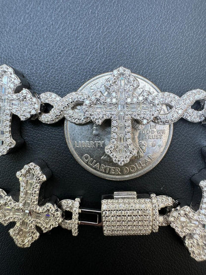 Hip Hop MOISSANITE Eternity Gothic Cross Link Bracelet Iced Out - 925 Silver - 20mm - 7.25"-8.25"