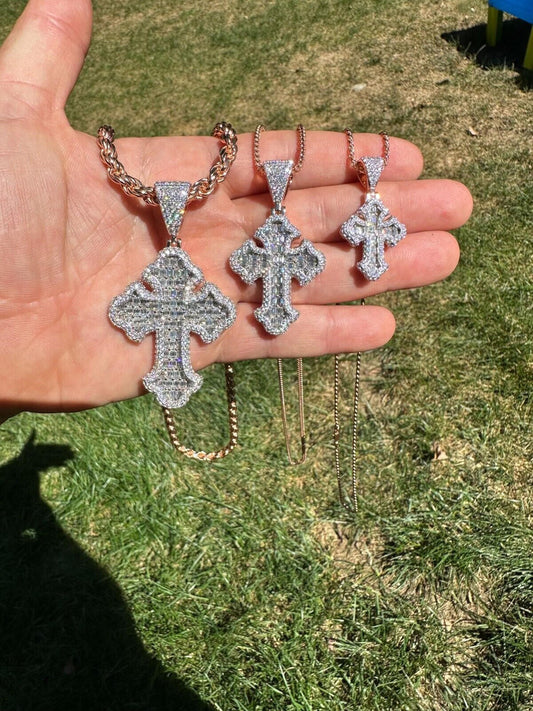 Hip Hop MOISSANITE Gothic Tupac Cross Pendant Baguette Necklace Rose Gold Plated 925 Silver