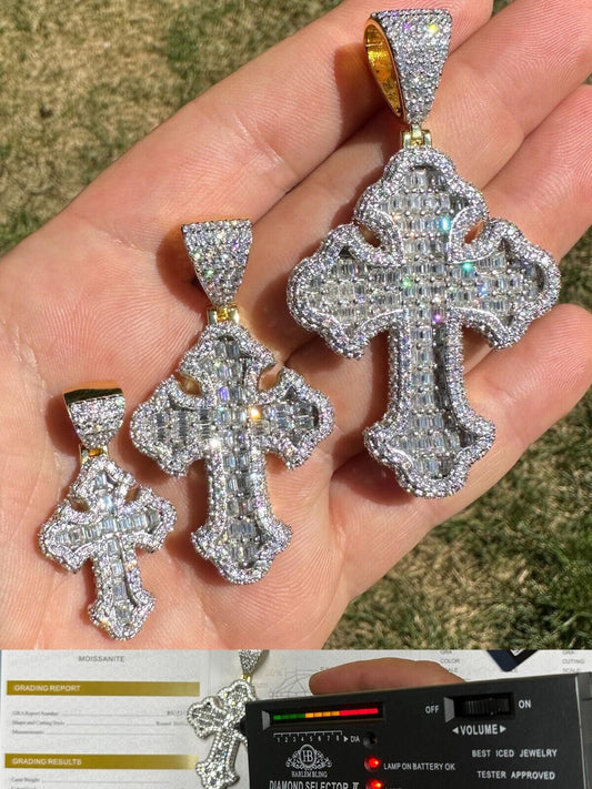 Hip Hop MOISSANITE Gothic Tupac Cross Pendant Iced Baguette Necklace 14k Gold Vermeil 925 Silver