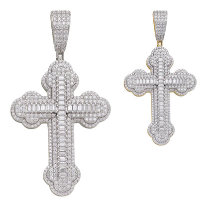 Hip Hop MOISSANITE Iced Gothic Baguette Cross Pendant - 14k Gold Vermeil or 925 Silver - Medium 2.25"